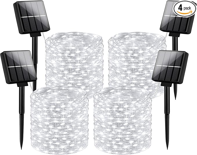 Brightever Solar Outdoor LED String Lights 288Ft Waterproof, 4-Pack Each 72FT 200 LED Solar Powered Fairy Lights with 8 Modes, Outside Twinkle Lights for Backyard, Balcony, Christmas (Daylight White)