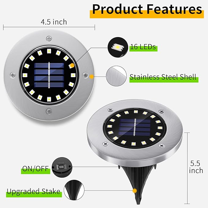 NFESOLAR Solar Lights Outdoor with 16 LEDs, Bright Solar Ground Lights Outdoor Waterproof Solar Disk Lights for Pathway Garden Yard Lawn Walkway Driveway (Warm White 8pack)
