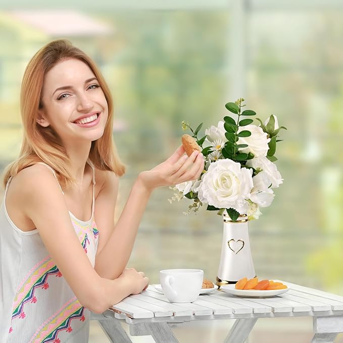 LoveLin Artificial Faux Flowers with Ceramic Vases，Affordable Luxury Artwork，Housewarming New Year Xmas Box for Wife Father，Living Dining Room Bedroom Office Hotel Home Decor White