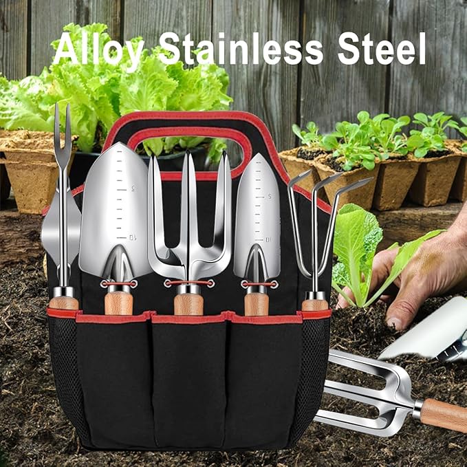 Garden Tools Set 25 Piece, Succulent Tools Set Included, Heavy Duty Stainless Steel Gardening Tools,Ergonomic Handle Tools,Storage Tote Bag,295 inch Flexible Water Pipe,Ideal Gifts for Women