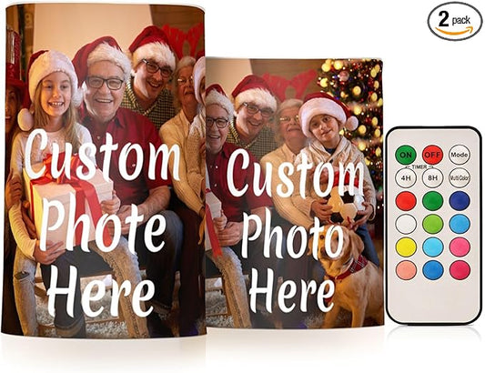 Personalized Flickering Flameless Candles, Custom Photo LED Candles Set of 2, Remote Timer Battery Operated Candle for Valentine Wedding Birthday