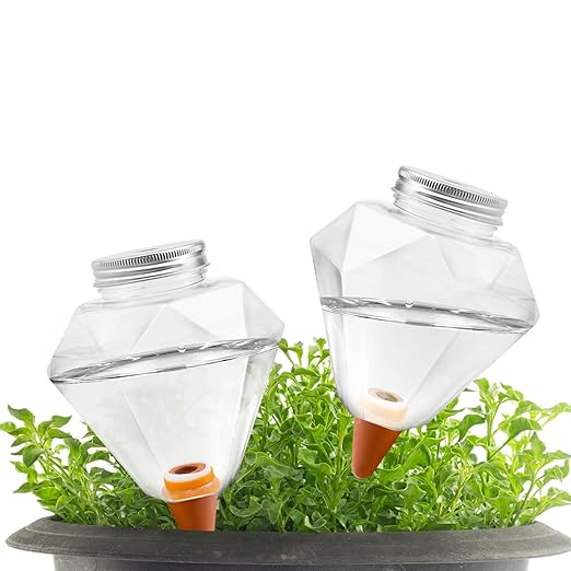 Watering Globes XL - 2 Pcs Diamond Plastic Shape Plant Watering Globes Self Watering Planter Insert 17oz Large for Indoor＆Outdoor Plants Watering Bulbs