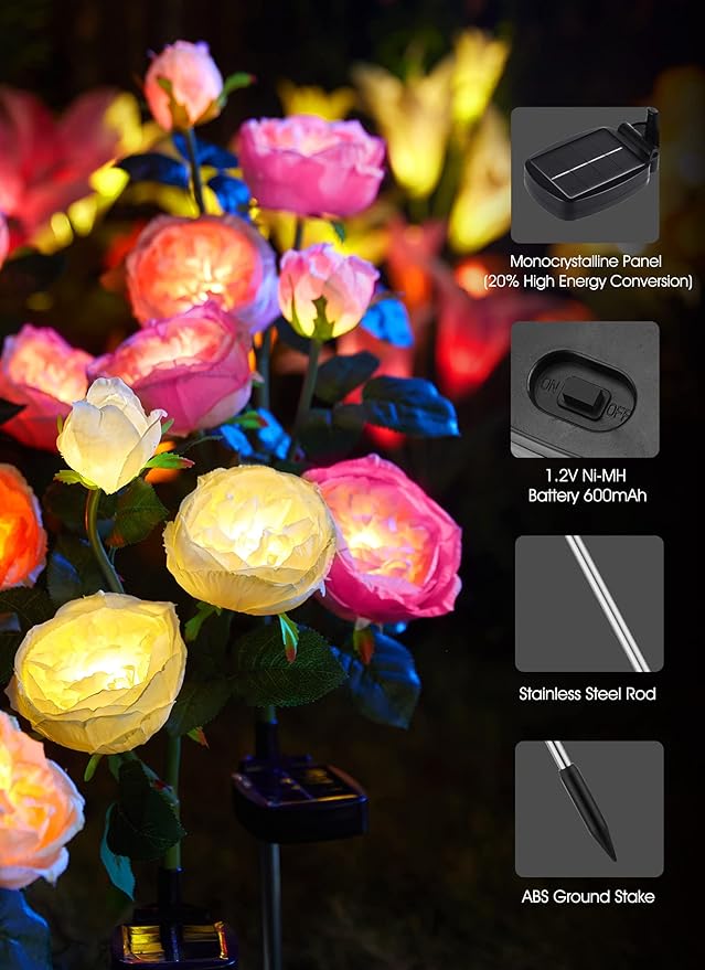 Brightown Solar Garden Lights - 4 Pack Solar Flowers Lights with Larger & More Realistic Austin Rose, Bigger Solar Panel, Solar Lights for Outside Waterproof for Yard Patio Garden Decoration