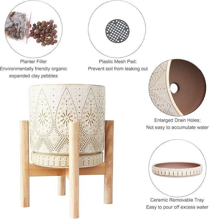 8 Inch Plant Pot with Stand, Ceramic Planter with Drainage Holes, Saucers and Mesh Pads for Indoor-Outdoor Plants