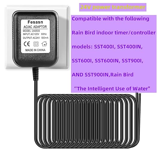Replacement Rain Bird Power Supply,Compatible Rain Bird UT1 SST Series,Sprinkler System,Indoor Irrigation Timers.24V Sprinkler System Box Power Transformer（9.84 FT Cable）