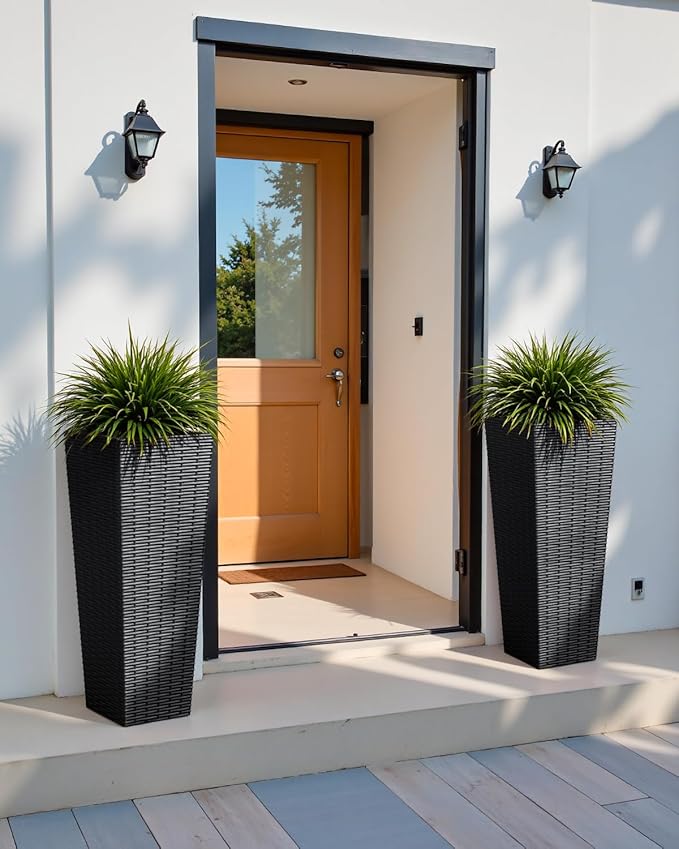 Greesum Large Tall Planter for Outdoors Plants, Set of 2, 32" Tall Plastic Flower Pots, Tapered Porch Planter with Drainage Holes for Patio, Backyard, Black