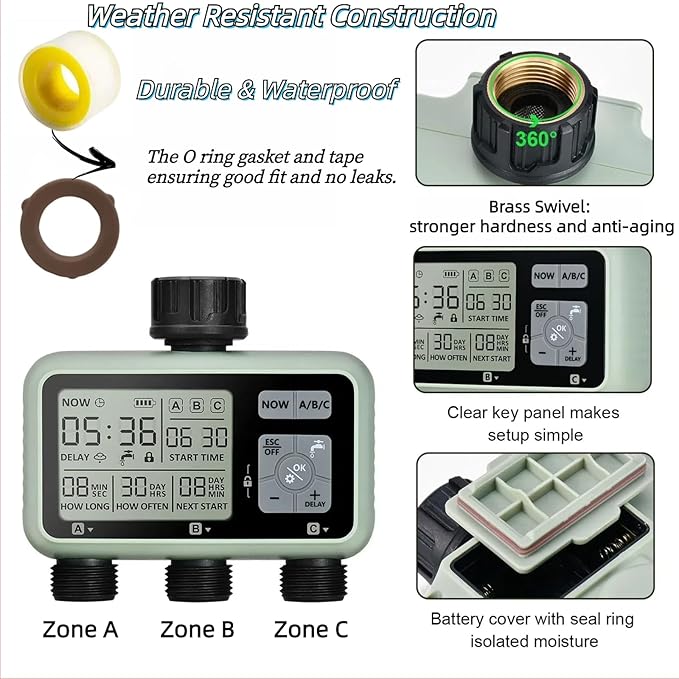 3 Outlet Sprinkler Timer Brass, XinFuture Water Timer, Programmable Garden Hose Timer with Rain Delay, Manual& Automatic Watering System, Waterproof Digital Irrigation Timer for 3 Separate Water Zones