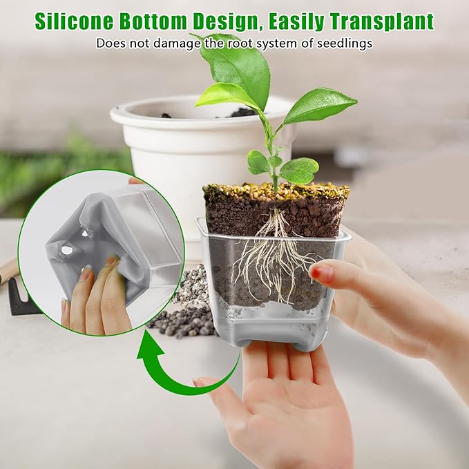 15 Packs 4 Inch Reinforced Clear Nursery Pots for Plants, Plastic Plant Pots with Silicone Base for Easy Transplant, Reusable Seedling Planting Pots Seed Starter with Drainage Holes (15, Gray)