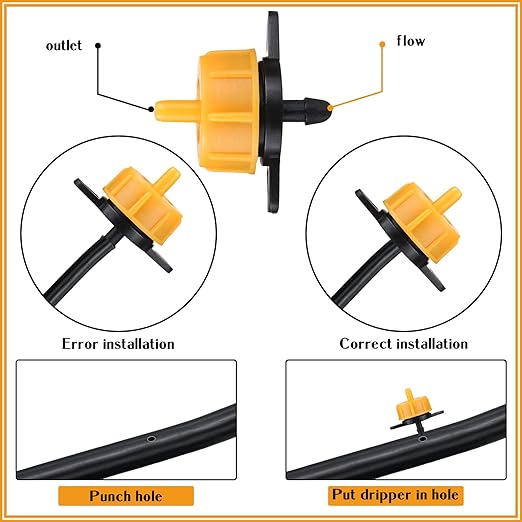 100 Pcs Drip Irrigation Emitters, Pressure Compensating Absinthe Drippers, Drip Tip Constant Flow Heads Parts Garden Flower Pots Plants, Dig Kit for 1/4 Inch Watering Tubing Line (Brown,2 GPH)