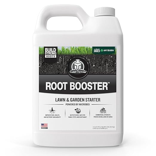 Turf Titan Root Booster - Made in USA, Soil Conditioner and Probiotic and Micronutrient Booster for All Lawn, Plants, Flowers, Trees, Shrubs, Better and Richer Garden Soil, Lawn Care - 1 Gallon