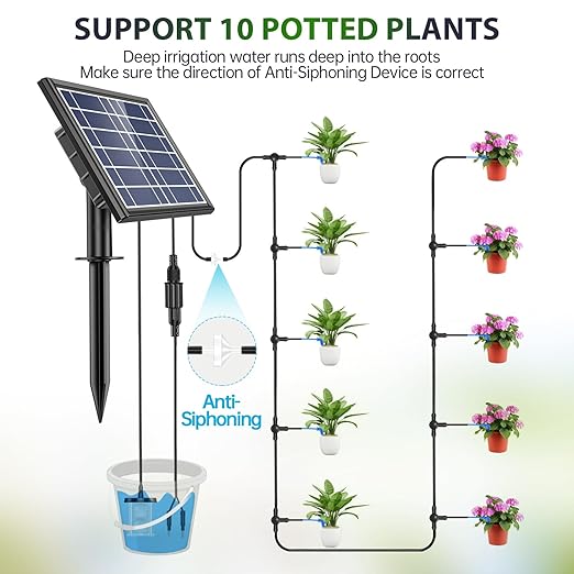 Drip Irrigation Kit - Skycow Solar Drip Irrigation System 10 Potted Indoor Outdoor Garden Balcony Anti-Siphoning Automatic Plant Watering System Multi-Timing Mode 3000mAh Battery Digital Screen 32FT