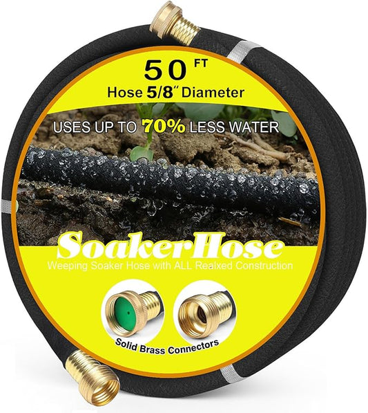 Soaker Hose 50FT 5/8" Diameter for Garden Beds Solid Brass Interface Irrigation Save 70% Water Heavy Duty Rubber Great for gardens/flower beds