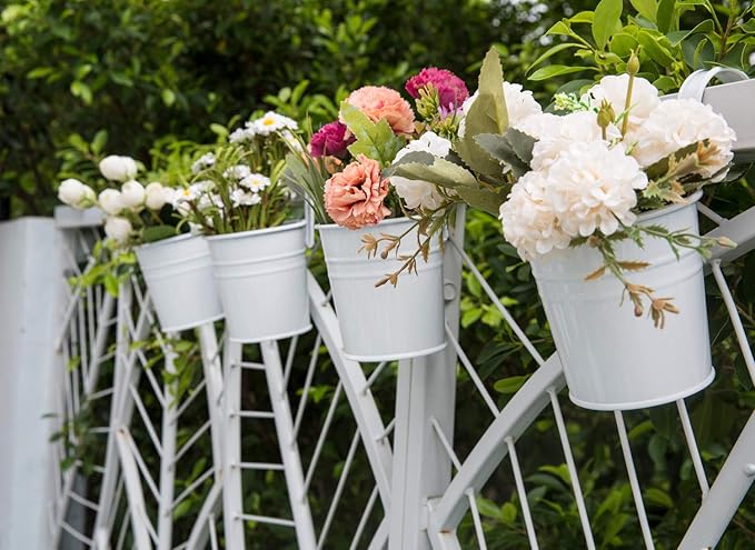 Dahey 10 Pcs Hanging Flower Pots Metal Iron Bucket Planter for Railing Fence Balcony Garden Home Decoration Flower Holders with Detachable Hooks, White, 4 Inches