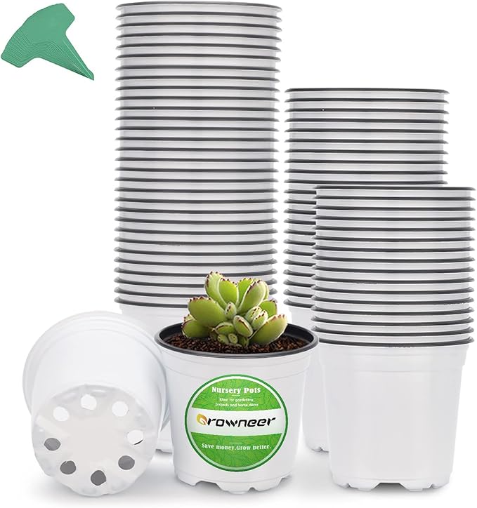 GROWNEER Nursery Pots 60 Packs 4 Inch Plastic Planting Pot with 15 Pcs Plant Labels, Seed Starting Set Flower Planter Container for Succulents, Seedlings, Cuttings, Transplanting, White