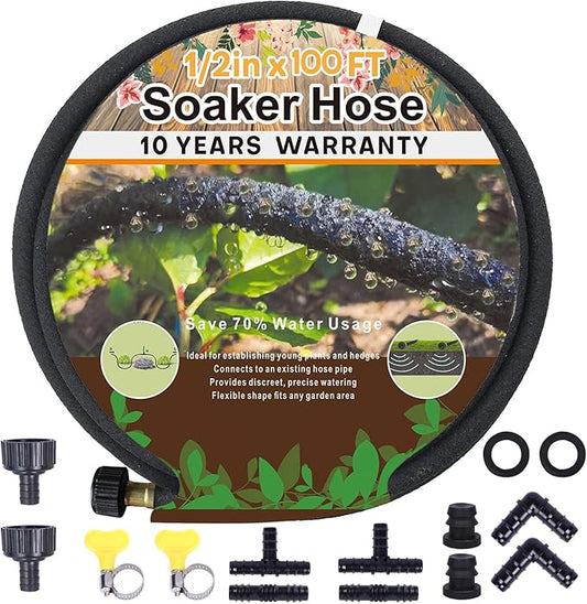 1/2’’ Soaker Hose 100 Ft for Garden Beds, Heavy Duty Soaker Hoses for Garden 100 Ft for Water Saving, DIY Garden Soaker Hose 100 Ft Drip Hoses with Kit for Hose Irrigation System (100 feet)
