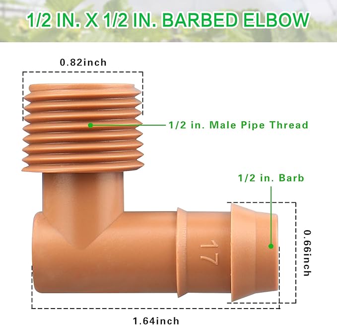 1/2 Inch Threaded Drip Irrigation Male Adapter：Drip Irrigation Universal PVC Adapter 1/2" Male Pipe Thread (MPT) x 1/2" Barb Elbow Swing Pipe Irrigation Fittings (10 Pack)