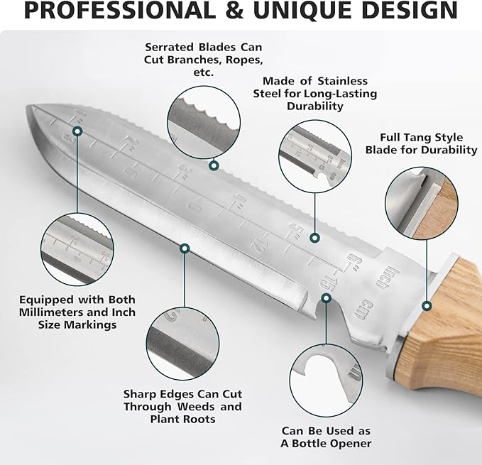 Berry&Bird Hori Hori Garden Knife, Multipurpose Gardening Knife with 7" Stainless Steel Double Edge Sharp Blade, Soil Knife with Leather Sheath, Full-Tang Gardening Tools for Gardening Weeding Digging