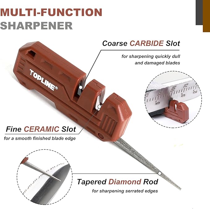 Topline Hori Hori Garden Knife, Double-edge Stainless Steel Blade, Garden Knife with Leather Sheath for Digging, Weeding, Planting, Hori Hori Knife with Sharpener, Sharpening Stone Included