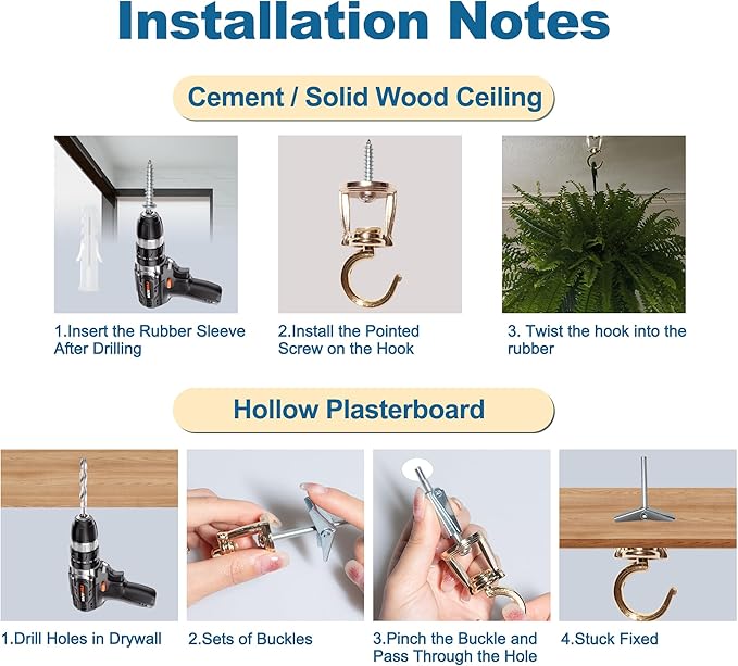 Ceiling Hooks for Hanging Plants (6 PCS Gold),Heavy Duty Metal Plant Hooks, Screw in Hooks for Hanging Birdfeeders, Lamps, Planters, Outdoor Decorative Hooks up to 33 lbs