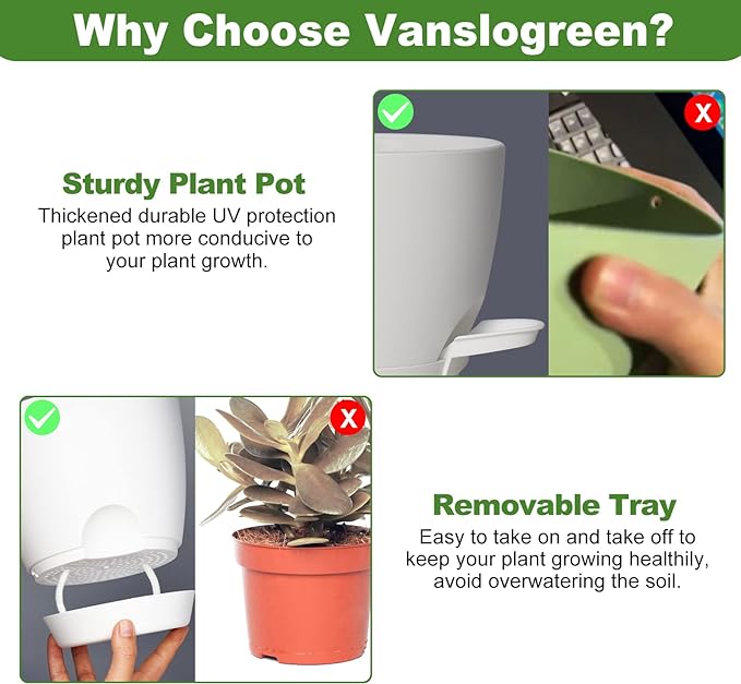 Planters for Indoor Plants, 8/7/6.5/6/5.5/5 Inch Self Watering Planters with Drainage Hole, Plastic Planters Flower Pots for Indoor Outdoor Plants (Matte White)