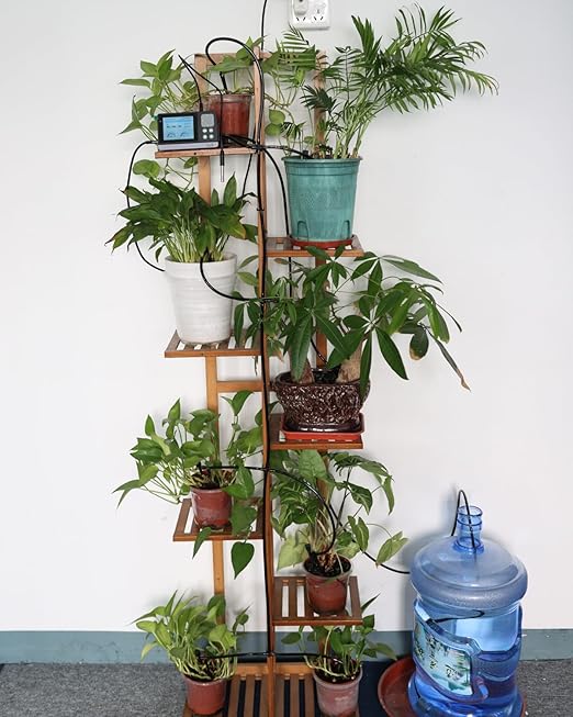 J&A Automatic Watering System for Potted Plants Drip Irrigation Kit Self-Watering System with Timer, Thermometer, Hygrometer for Indoor Plants, Grow Tent (Black)