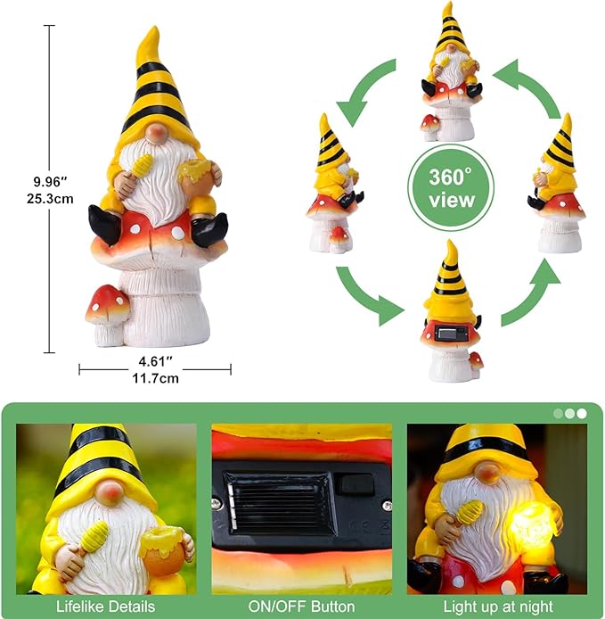 Solar Gnome Decor for Outside - Garden Beer Gnome Outdoor with Solar Lights, Sitting on Mushrooms - Perfect Housewarming or Women's Gifts (Yellow)