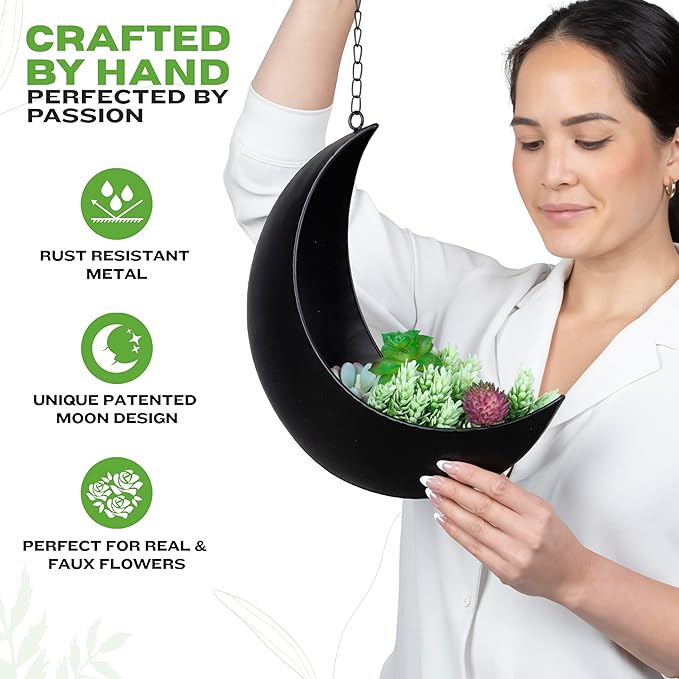 Black Hanging Moon Planter with Drain Holes - Moon Room Decor - Unique Planters for Succulents,Air Plant, Cactus, Artificial Plants- Plant Lover Gifts - Boho,Hippie, Birthdays,Witchy Gifts for Women