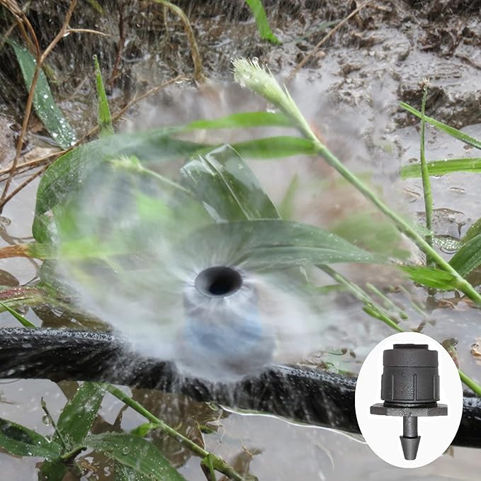 Juzizj 100 Pack Adjustable Irrigation Drippers 1/4 Inch Emitter Dripper 360 Degree Full Circle Pattern Water Flow Drip Emitter Micro Drip Irrigation Sprinklers for Home Garden Lawn(Black)