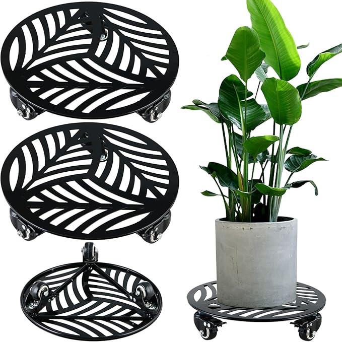 2 Packs Metal Plant Caddy with 3 Wheels 12” Heavy-duty Wrought Iron Rolling Plant Stands with Casters Indoor and Outdoor Plant Pot Roller Base Plant Saucer Movers Black, Strong Load Capacity