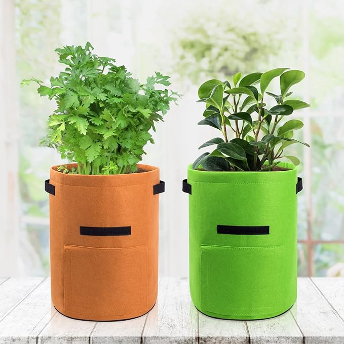 4 Pack Potato Growing Bag with Flap 10 Gallon Planter Pots with Handles and Harvest Window for Potato Tomato and Vegetables, Black Green Orange and Beige