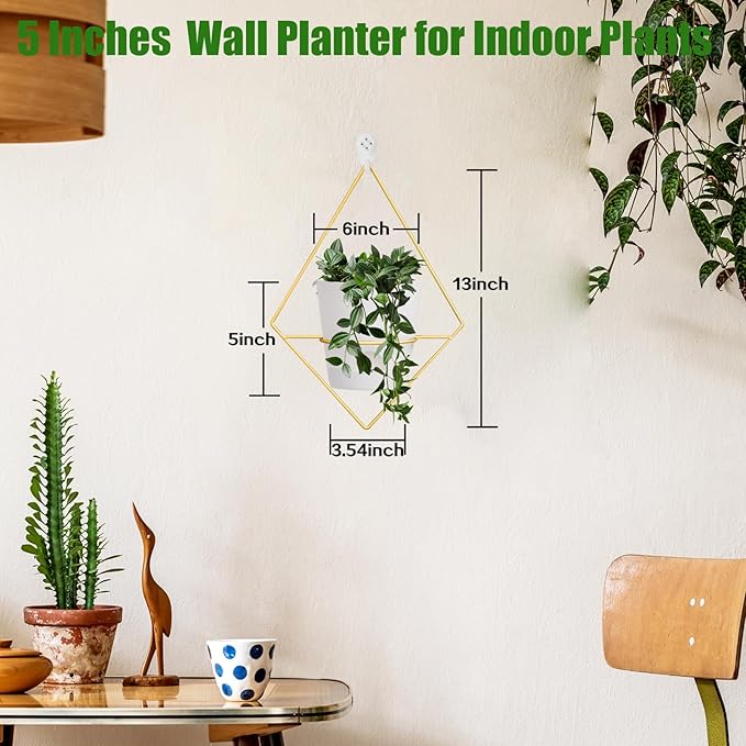 3 Sets of Wall Planters for Indoor Plants, Hanging Wall Planter with Gold Metal Holder, Geometric Self Watering Wall Flower Pots, Wall Mounted Succulent Planter, 5" White Plant Pot