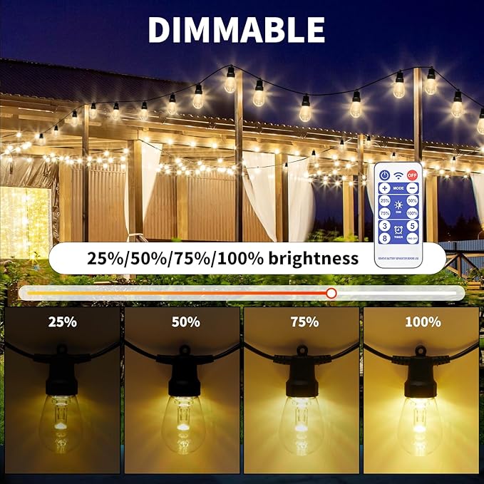 LED Outdoor String Lights 50FT,Patio Lights with 20 Dimmable Bulbs,IP66 Waterproof Shatterproof, with Remote Control,2700k Outside Hanging Lights for Backyard Porch Garden Decoration