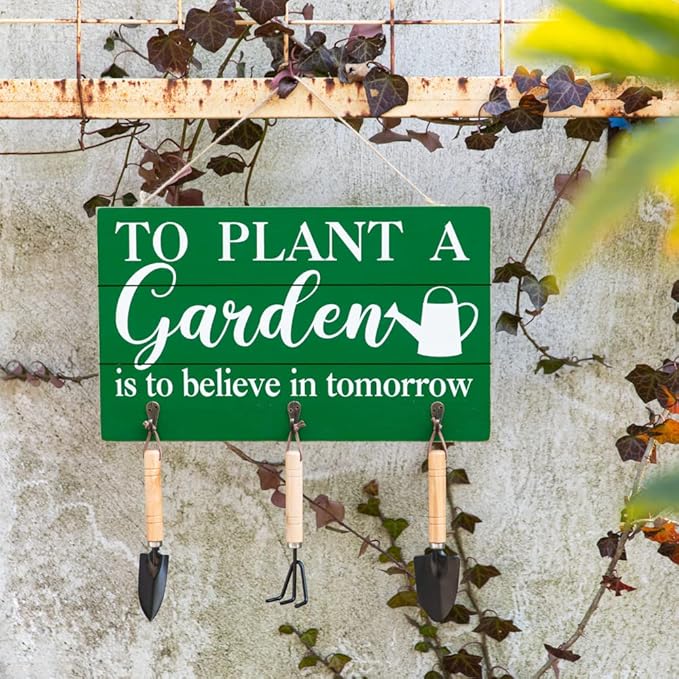 COLLECTIVE HOME - Garden Decor with Tools, Inspirational Wood Hanging Signs, Garden Tools Set - 3 Piece, Out Door Decor with Hooks, to Plant a Garden is to Believe in Tomorrow, 15.75"x9.5" (Green-2)