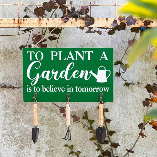 COLLECTIVE HOME - Garden Decor with Tools, Inspirational Wood Hanging Signs, Garden Tools Set - 3 Piece, Out Door Decor with Hooks, to Plant a Garden is to Believe in Tomorrow, 15.75"x9.5" (Green-2)