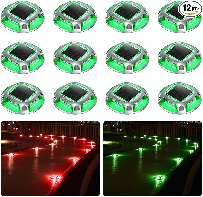 AGPTEK Solar Driveway Lights Outdoor 12 Pack, 2 Color Modes LED Deck Dock Marine Waterproof Security Marker Lights for Step Sidewalk Stair Garden Pathway Walkway Yard(Green/Red)