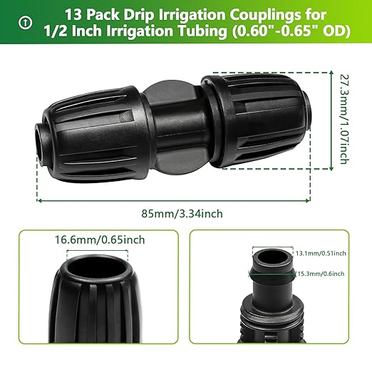 13 Pcs Drip Irrigation Fittings Coupling 1/2 Inch, In-Line Barbed Coupler Connector For 1/2 Inch Drip Tubing (0.60"-0.65" OD) Drip Line Parts