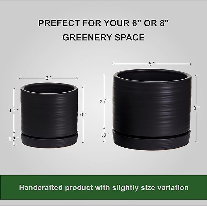 6 + 8 Inch Plant Pots, Ceramic Planter Pot with Drainage Hole & Saucer, Indoor/Outdoor Cylinder Round Planter Pot, Matte Black