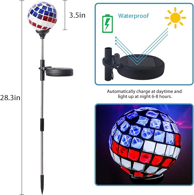 WNP Solar Powered Outdoor Garden Light Stakes Decoration,Mosaic Globe 4th of July Stake Solar Light Garden Decor,Solar Glow Glass Ball Lights Waterproof Decor Light for Patio Pathway,Yard