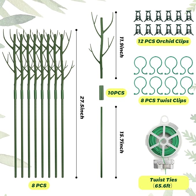 8 Pack Monstera Plant Support Stakes, 27.5inch Detachable Twig Plant Support Stakes with 12 Orchid Clips, 8 Twist Clips 65ft Twist Ties - Ideal Plant Stakes for Indoor Outdoor Plants