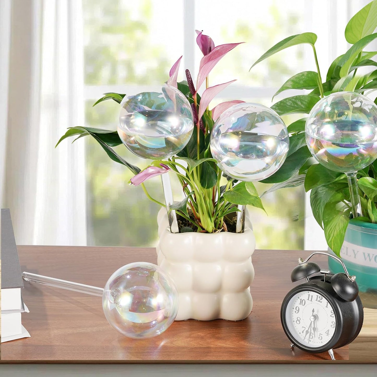 4PCS Extra Large Plant Watering Globes, 13 oz Up to 15 Days Light Iridescent Glass Self Water Bulbs for Indoor Outdoor Plants, Vacation Automatic Planter Waterer System Self-Watering Stakes