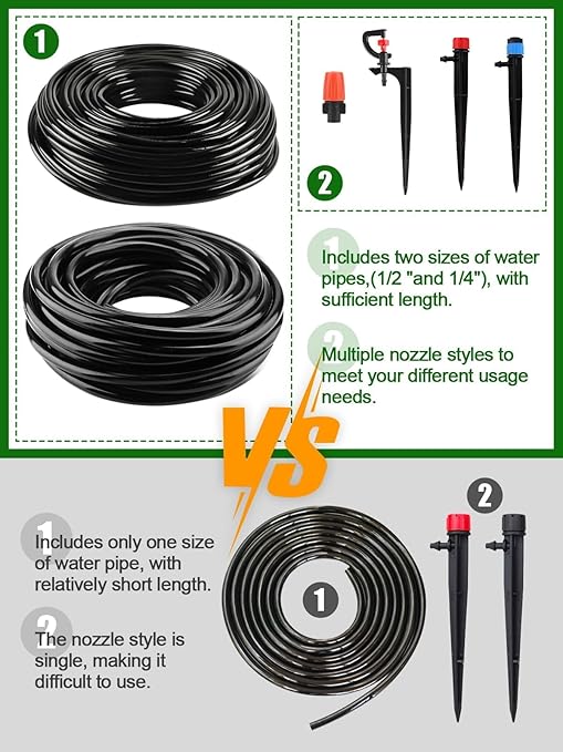 250FT Drip Irrigation Kit with Rotating Nozzle, Kalolary 1/4" 1/2" Automatic Garden Watering System with 4/7mm 16mm PE Tube Adjustable Micro Water Sprinkler Equipment for Patio Lawn Flower Bed
