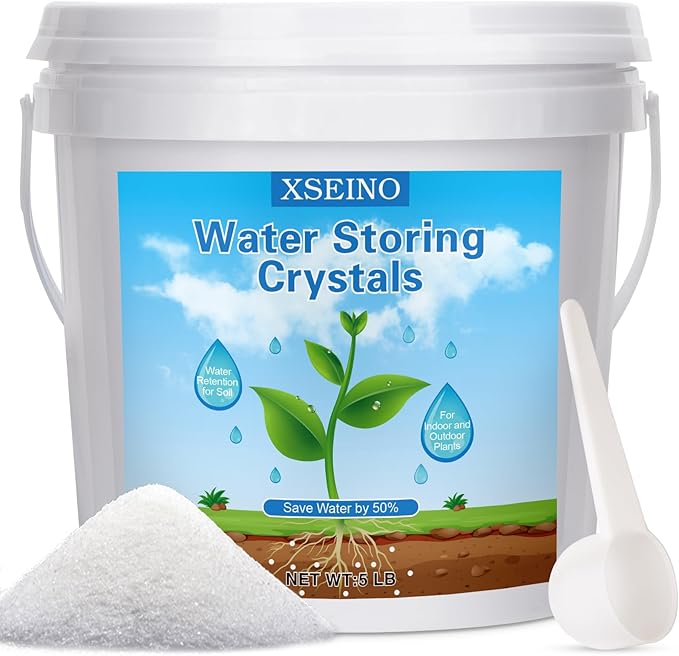 XSEINO 5LB Water Storing Crystals for Plants, Water Gel Solves Plant Over-Watering and Drought Problems, Keeps The Soil Moist, Small Water Storing Polymer Crystals for Plants