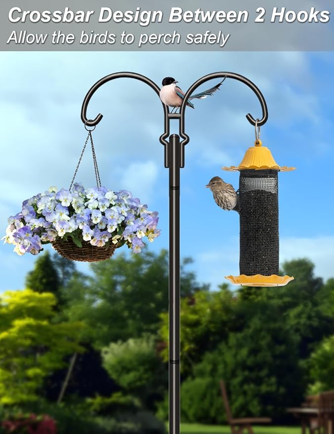 Outdoor Double Shepherds Hook with 5 Prong Base, 60 Inch Adjustable Heavy Duty Two Sided Bird Feeder Pole Stand for Hanging Plant Baskets, Solar Light Lanterns, Hummingbird Feeder, 1 Pack