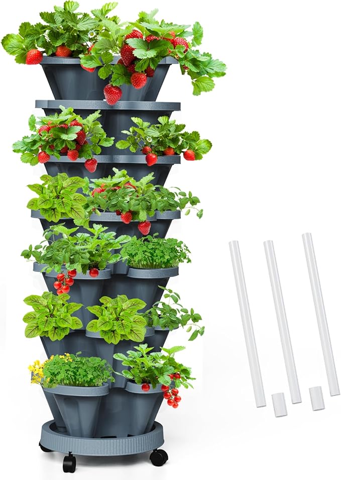 Strawberry Vertical Planters Tower Garden, 7 Tiered Stacking Herb Vegetable Planter with Support Pole Indoor and Outdoor - Dark Grey