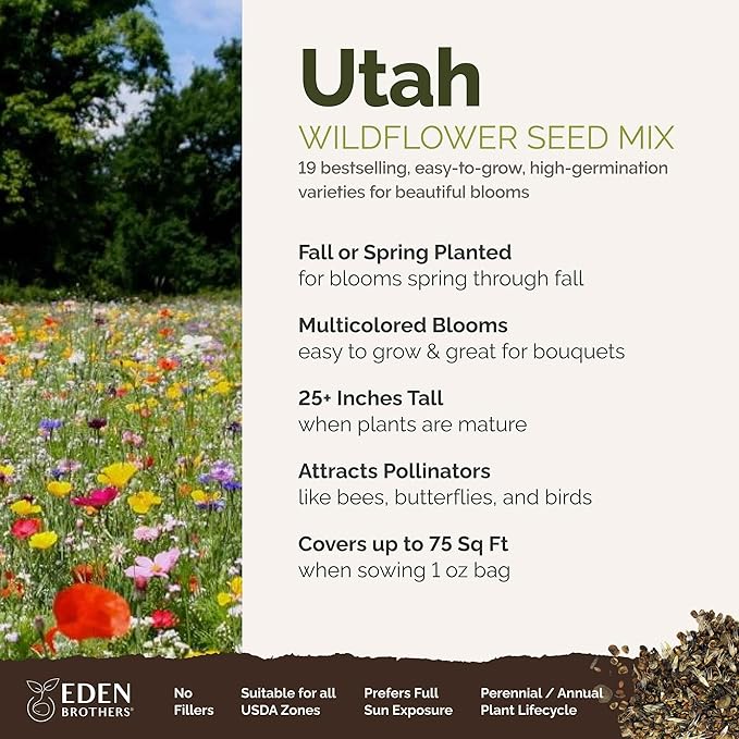 Eden Brothers Utah Wildflower Mixed Seeds for Planting, 1 oz, 30,000+ Seeds with Snapdragon, Yarrow | Attracts Pollinators, Plant in Spring or Fall, Zones