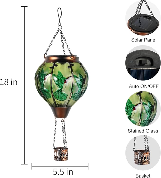 pearlstar Hot Air Balloon Solar Lantern with Flickering Flame Light Outdoor Solar Hanging Lights Waterproof for Garden Yard Farmhouse Patio Pathway Outside Decoration,Glass(Hummingbird)
