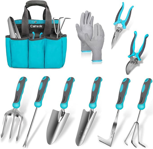 Gardening Tools, Carsolt 10 Piece Heavy Duty Stainless Steel Garden Tools Set with Ergonomic Rubber Handle. Variety of Gardening Hand Tools for Planting Gardening Kit with Gift Box Ideal Garden Gifts