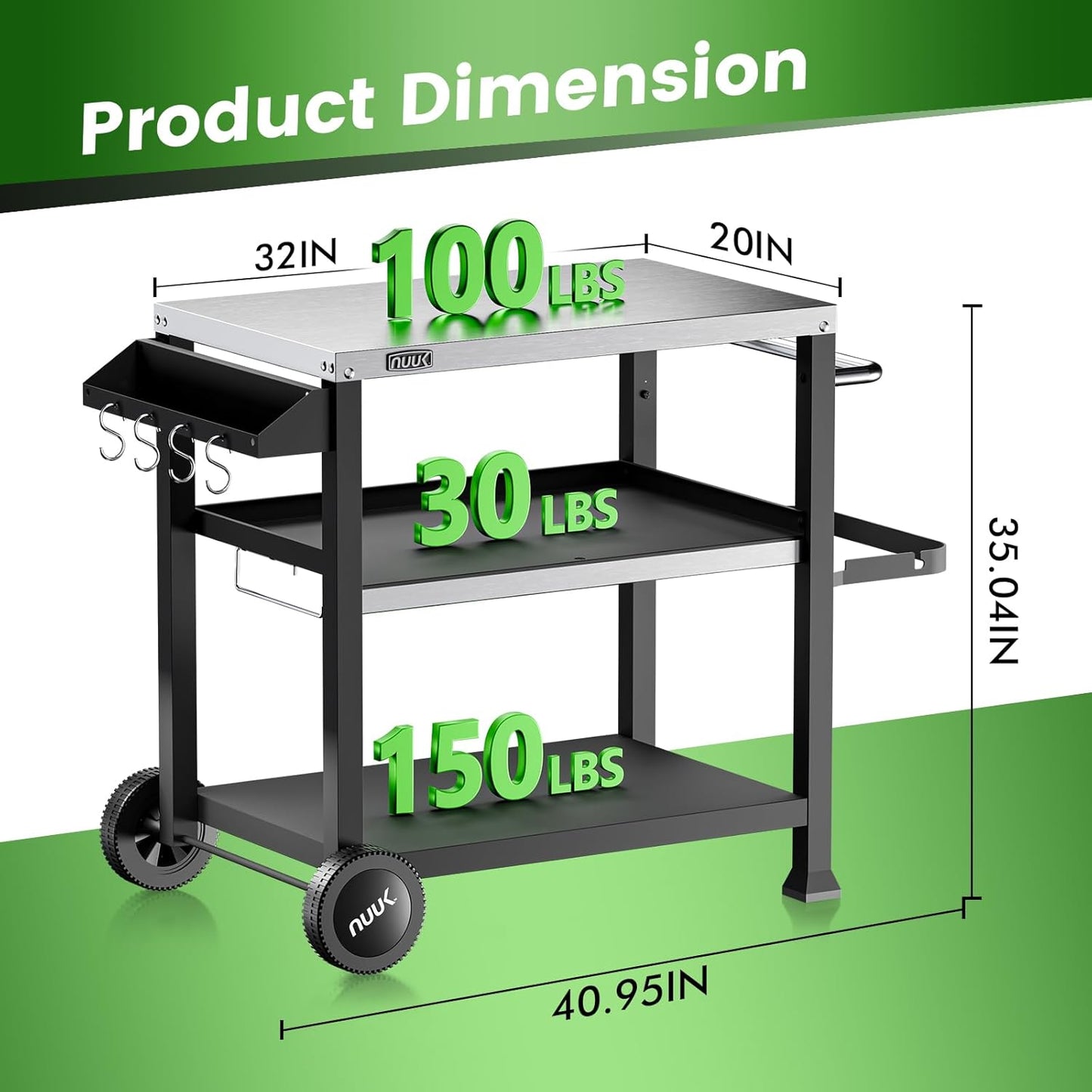 NUUK 3-Shelf Grill Cart with Stainless Steel Top – 20" x 32" Mobile Outdoor Kitchen Table for Pizza Oven, Food Prep, and Dining – Worktable with Wheels,