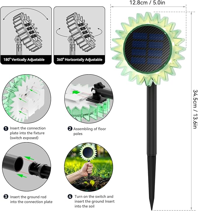 Outdoor Solar Lights, 2 Pack Led Solar Sunflower Lights, Stake/Wall 2-in-1 Waterproof Solar Garden Lights for Yard, Landscape, Fence, Patio, Driveway, Pathway, Backyard Decoration (Warm White)