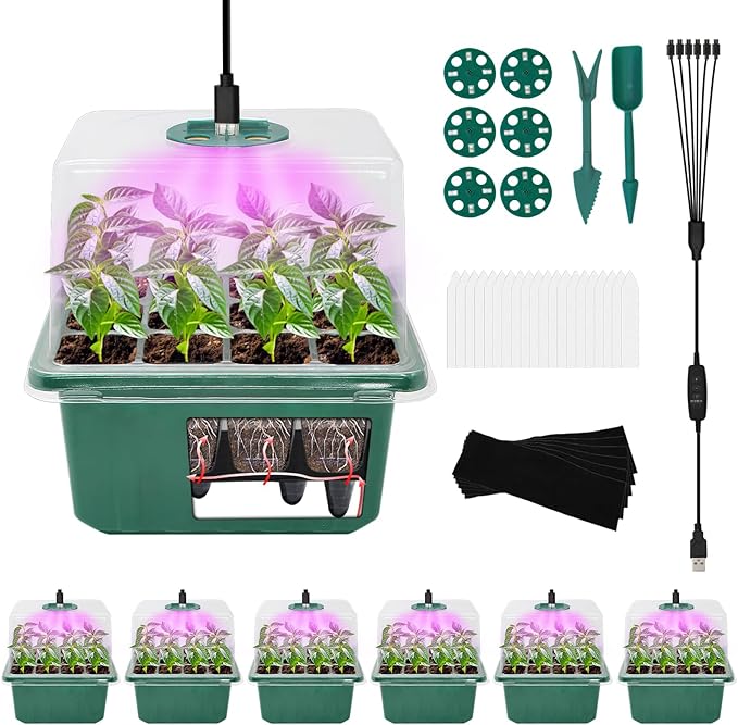 6 Pack Self Watering Seed Starter Tray Kit with Grow Light and Humidity Dome 72 Cell Plant Seedling Tray Reusable Plastic Germination Trays for Indoor Gardening Seeds Growing Starting